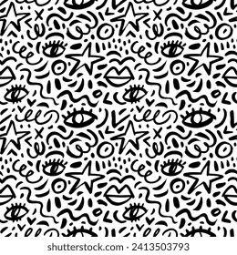 Abstract childish doodle seamless pattern with stars, eyes, squiggles and dots. Scribble grunge brush strokes vector background. Creative abstract quirky seamless pattern with various shapes and lines