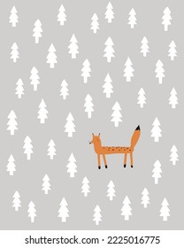 Abstract Childish Drawing Style Vector Illustartion with Fox in the Forest. Hand Drawn Fox with Black Spots Standing Among Trees on a Gray Background. Woodland Print ideal for Card, Wall Art, Poster.