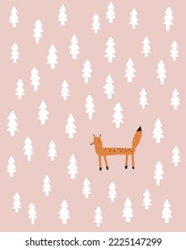 Abstract Childish Drawing Style Vector Illustartion with Fox in the Forest. Hand Drawn Fox with Black Spots Standing Among Trees on a Pink Background. Woodland Print ideal for Card, Wall Art, Poster.