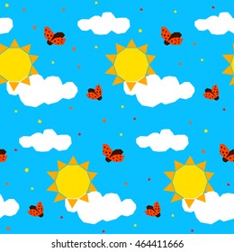 Abstract childish geometric seamless pattern background.  Handmade angular applique elements isolated on stylish blue cover. Flat style. Summer fun, party, rest, vacation theme. 
