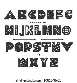 Abstract Childish Hand Drawn Alphabet. Scandinavian Style Font. Creative Kids ABC for Decoration, Invitation, Prints, Quotes and Posters. Vector illustration