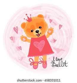 abstract childish illustration with cartoon animal ballerine wear on dress with heart,  crown, points. Chow chow dog.  t shirt design for girls. little princess style. 