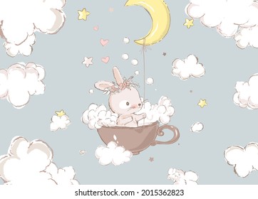 Abstract childish little bunny flying in cup holding half moon on rope vector flat illustration