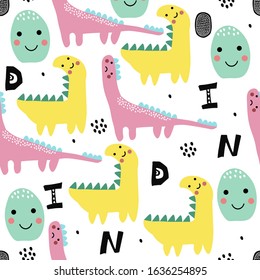 Abstract childish pattern with dino, dinosaur. Nursery pattern. Kid illustration. Scandinavian style.