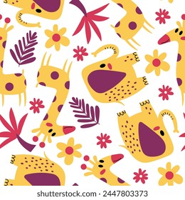 Abstract childish seamless pattern with giraffes and elephants in doodle style on a white background. Vector illustration. Can be used for wallpaper and fabric design.