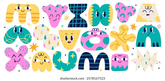 Abstract childish sparse geometric shapes cute funny characters set in colorful creative art style. Happy positive comic graphic mascot with humorous face education elements vector illustration