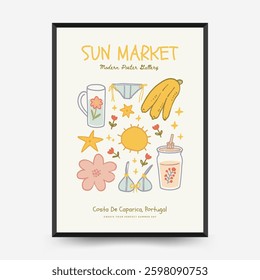 Abstract childlike summer vibe posters template. Modern trendy minimal style. Hand drawn Rounded design for wallpaper, wall decor, print, postcard, cover, template, banner. 