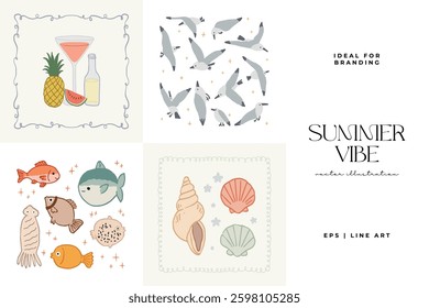 Abstract childlike summer vibe posters template. Modern trendy minimal style. Hand drawn Rounded design for wallpaper, wall decor, print, postcard, cover, template, banner. 