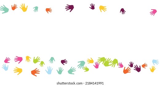 Abstract children handprints art therapy concept vector illustration. Toddler paint hand prints games background. People handprints in pain of different color.