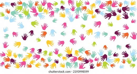 Abstract Children Handprints Nursery Games Concept Vector Illustration. Baby Paint Hand Prints Games Background. Children And Adult Handprints, Palms With Five Fingers Isolated.