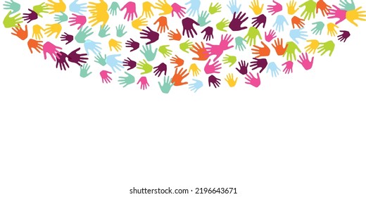 Abstract Children Handprints Nursery Games Concept Background Design. Child Paint Hand Prints Art Therapy Background. Kids Group Handprint Silhouettes.