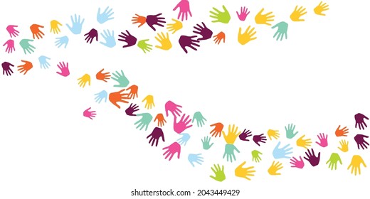 Abstract children handprints preschool education concept background design. Kid paint hand prints play and joy pattern. Kids group handprint silhouettes.