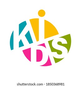 Abstract children logo with letter inscription
colorful background.Creative design template icon with signature kids for kid zone, club, channel, courses, child shop toys and book. Vector illustration