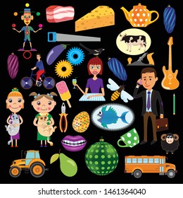 Abstract children's funny collage with people, objects and animals. Black background.