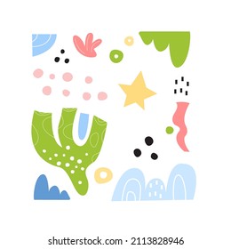 Resumen del patrón de los niños. Luminoso, minimalista, de moda. Cartel, postal, papel pintado, volante, fondo.