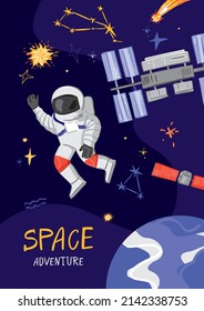 Abstract children's poster with an astronaut, the planet Earth, space station, a satellite on the background of the cosmic sky. Decorative banner with space symbols. Cartoon cute  Vector illustration