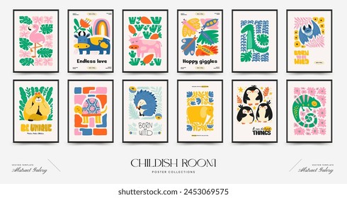 Abstract Childrens Room posters template. Modern trendy Kids minimal style. Hand drawn design for wallpaper, wall decor, print, postcard, cover, template, banner. 