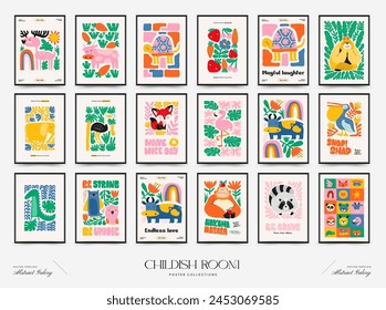 Abstract Childrens Room posters template. Modern trendy Kids minimal style. Hand drawn design for wallpaper, wall decor, print, postcard, cover, template, banner. 