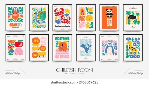 Abstract Childrens Room posters template. Modern trendy Kids minimal style. Hand drawn design for wallpaper, wall decor, print, postcard, cover, template, banner. 