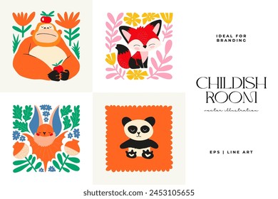 Plantilla de afiches de la Sala Infantil Abstractas. Moderno estilo minimalista para niños. Diseño dibujado a mano para el Fondo de pantalla, decoración de la pared, impresión, postal, cubierta, Plantilla, Anuncio. 