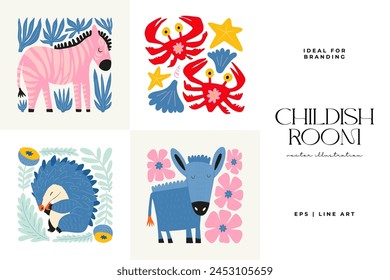 Abstract Childrens Room posters template. Modern trendy Kids minimal style. Hand drawn design for wallpaper, wall decor, print, postcard, cover, template, banner. 
