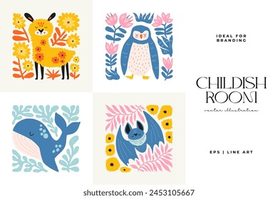 Abstract Childrens Room posters template. Modern trendy Kids minimal style. Hand drawn design for wallpaper, wall decor, print, postcard, cover, template, banner. 