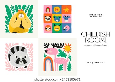 Abstract Childrens Room posters template. Modern trendy Kids minimal style. Hand drawn design for wallpaper, wall decor, print, postcard, cover, template, banner. 