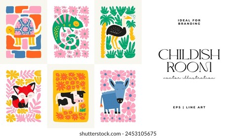 Plantilla de afiches de la Sala Infantil Abstractas. Moderno estilo minimalista para niños. Diseño dibujado a mano para el Fondo de pantalla, decoración de la pared, impresión, postal, cubierta, Plantilla, Anuncio. 