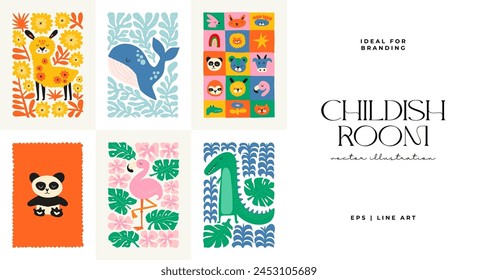 Abstract Childrens Room posters template. Modern trendy Kids minimal style. Hand drawn design for wallpaper, wall decor, print, postcard, cover, template, banner. 