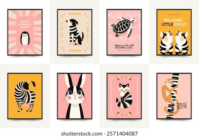 Abstract Childrens Room posters template with animals. Modern trendy Kids minimal style. Hand drawn design for wallpaper, wall decor, print, postcard, cover, template, banner. 