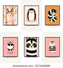Abstract Childrens Room posters template with animals. Modern trendy Kids minimal style. Hand drawn design for wallpaper, wall decor, print, postcard, cover, template, banner. 
