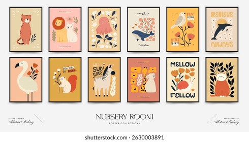 Abstract Childrens Room posters template. Modern trendy Kids minimal style. Hand drawn design for wallpaper, wall decor, print, postcard, cover, template, banner. 