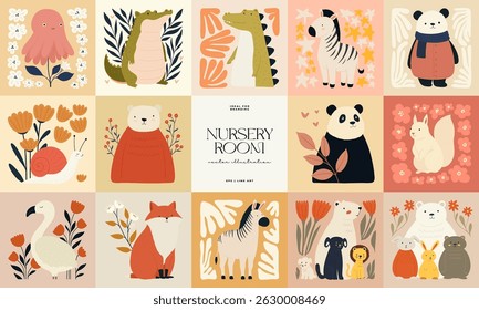 Abstract Childrens Room posters template. Modern trendy Kids minimal style. Hand drawn design for wallpaper, wall decor, print, postcard, cover, template, banner. 