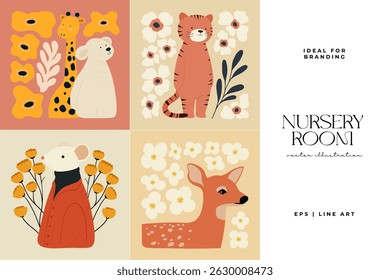 Abstract Childrens Room posters template. Modern trendy Kids minimal style. Hand drawn design for wallpaper, wall decor, print, postcard, cover, template, banner. 