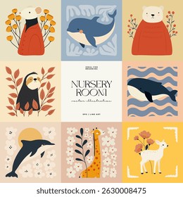 Abstract Childrens Room posters template. Modern trendy Kids minimal style. Hand drawn design for wallpaper, wall decor, print, postcard, cover, template, banner. 