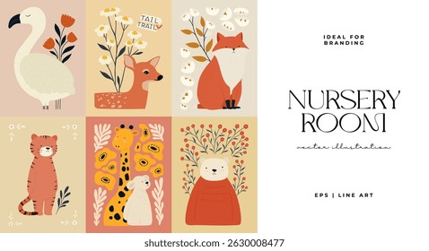 Abstract Childrens Room posters template. Modern trendy Kids minimal style. Hand drawn design for wallpaper, wall decor, print, postcard, cover, template, banner. 