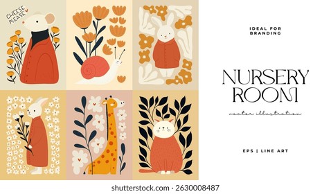 Abstract Childrens Room posters template. Modern trendy Kids minimal style. Hand drawn design for wallpaper, wall decor, print, postcard, cover, template, banner. 