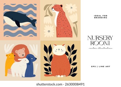 Abstract Childrens Room posters template. Modern trendy Kids minimal style. Hand drawn design for wallpaper, wall decor, print, postcard, cover, template, banner. 