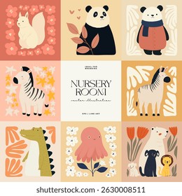 Abstract Childrens Room posters template. Modern trendy Kids minimal style. Hand drawn design for wallpaper, wall decor, print, postcard, cover, template, banner. 
