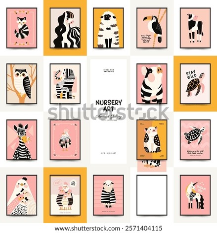 Abstract Childrens Room posters template with animals. Modern trendy Kids minimal style. Hand drawn design for wallpaper, wall decor, print, postcard, cover, template, banner. 