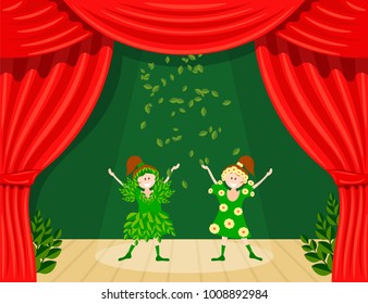 Abstract children's theater. Little girls on the stage of the theater. The play in the kindergarten. Holiday of the meeting of spring. Young actresses are spring and summer. Vector illustration