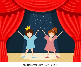 Abstract children's theater. Little girls on the stage of the theater. The play in the 
kindergarten. Vector illustration