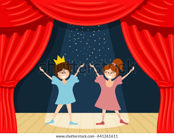 抽象的な児童劇場 劇場の舞台に立つ少女たち の劇 幼稚園 ベクターイラスト のベクター画像素材 ロイヤリティフリー
