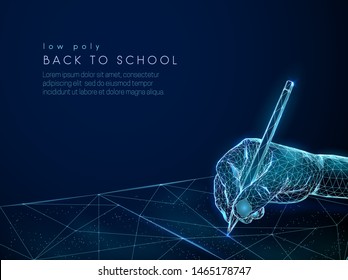 Abstract child's hand writing with pencil. Low poly style design. Abstract geometric background. Wireframe light connection structure. Modern 3d graphic concept. Isolated vector illustration.