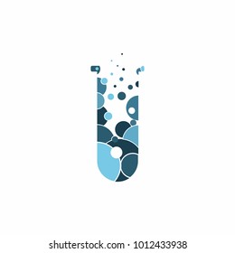 Abstract chimical flask. The image of the bulb contains blue circles of various sizes