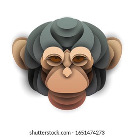 Abstract chimpanzee head isolated on white background. Creative 3d concept in craft paper cut style. Colorful minimal design character. Original vector cartoon illustration.