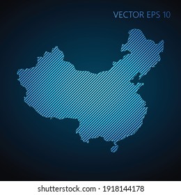 Abstract China Map Template Made From Blue Diagonal Lines On Dark Background. Vector Illustration EPS10.