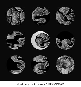 Abstract Chinese Cloud Vector Line Art Illustration In Circle,round,lunar And Eclipse Shape. Gradient Style As Tattoo,logo,decorative.