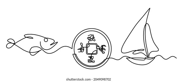 Abstract chinese coin with abstract doodle hieroglyphs and boat as continuous lines drawing on white background. Vector