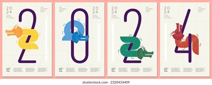 Abstract chinese dragons combination number 2024 Happy New Year posters. Colored China zodiac animal dragon collection. Graphic asian celebration colorful artwork set. Modern trendy oriental paintings